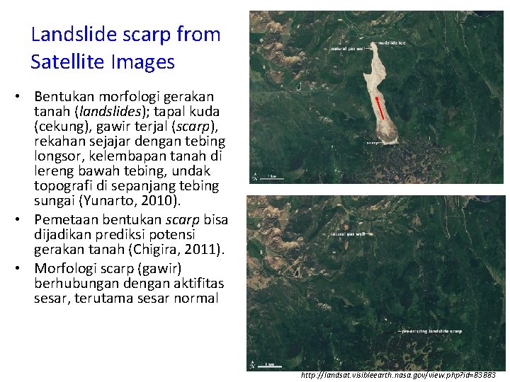 Landslide scarp from Satellite Images • Bentukan morfologi gerakan tanah (landslides); tapal kuda (cekung),