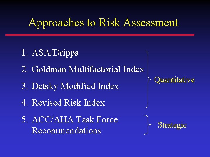 Approaches to Risk Assessment 1. ASA/Dripps 2. Goldman Multifactorial Index 3. Detsky Modified Index