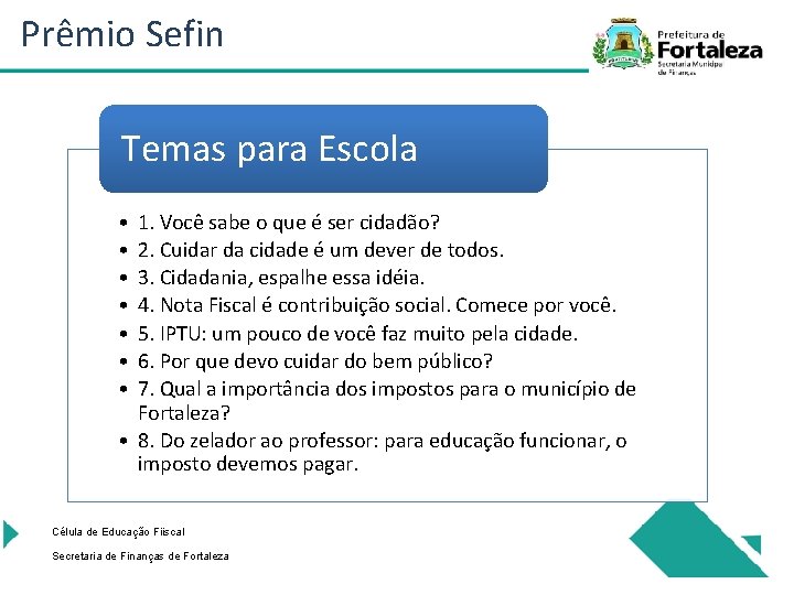 Prêmio Sefin Temas para Escola • • 1. Você sabe o que é ser