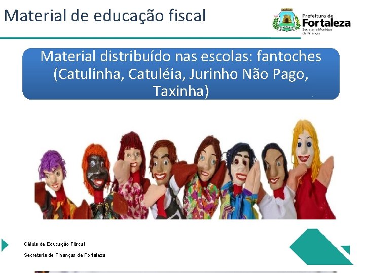 Material de educação fiscal Material distribuído nas escolas: fantoches (Catulinha, Catuléia, Jurinho Não Pago,