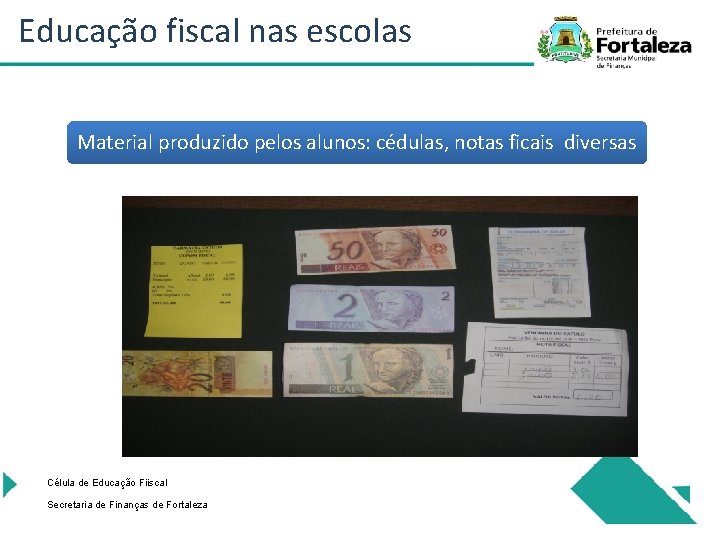 Educação fiscal nas escolas Material produzido pelos alunos: cédulas, notas ficais diversas Célula de