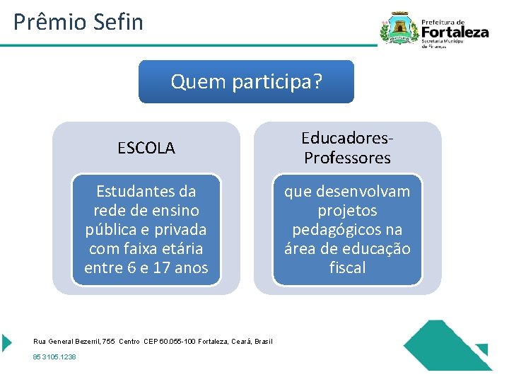 Prêmio Sefin Quem participa? ESCOLA Educadores. Professores Estudantes da rede de ensino pública e