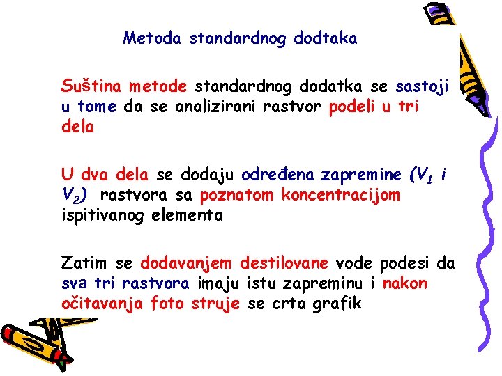 Metoda standardnog dodtaka Suština metode standardnog dodatka se sastoji u tome da se analizirani