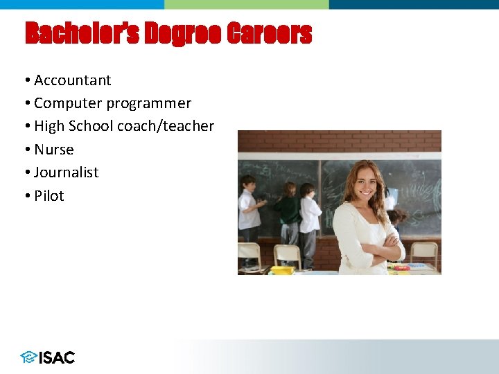 Bachelor’s Degree Careers • Accountant • Computer programmer • High School coach/teacher • Nurse