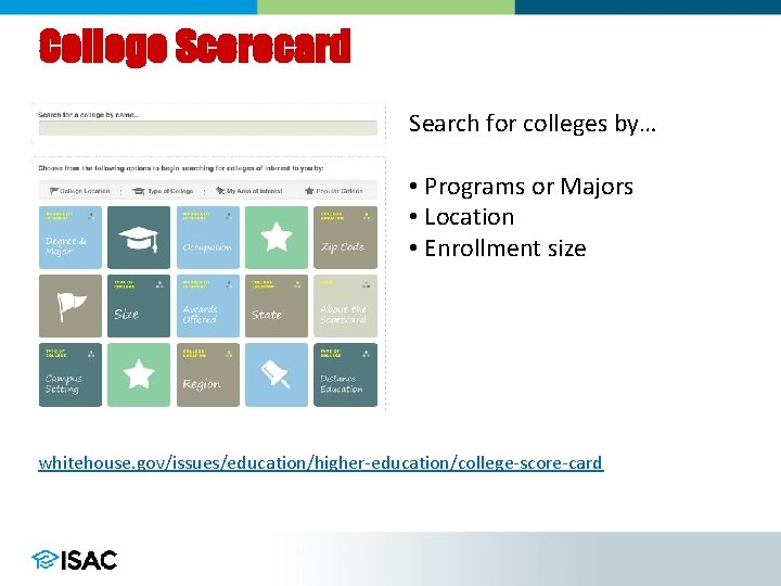 College Scorecard Search for colleges by… • Programs or Majors • Location • Enrollment