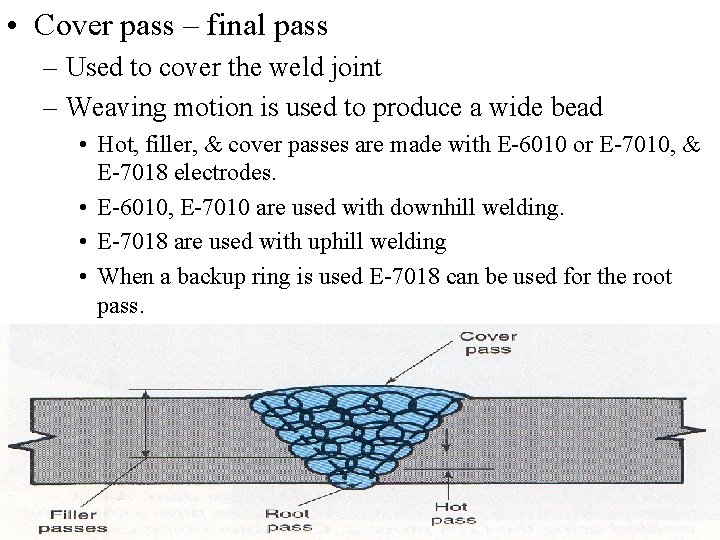  • Cover pass – final pass – Used to cover the weld joint