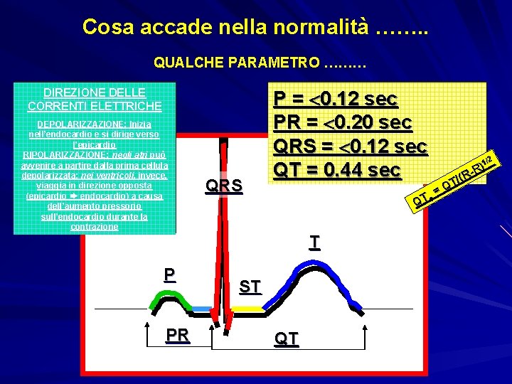 Cosa accade nella normalità ……. . QUALCHE PARAMETRO ……… DIREZIONE DELLE CORRENTI ELETTRICHE DEPOLARIZZAZIONE: