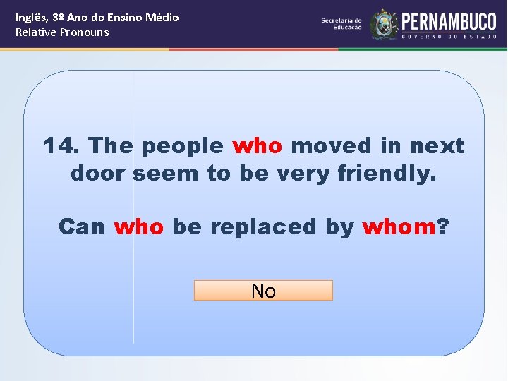 Inglês, 3º Ano do Ensino Médio Relative Pronouns 14. The people who moved in