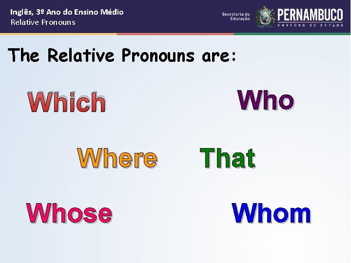 Inglês, 3º Ano do Ensino Médio Relative Pronouns The Relative Pronouns are: Which Where