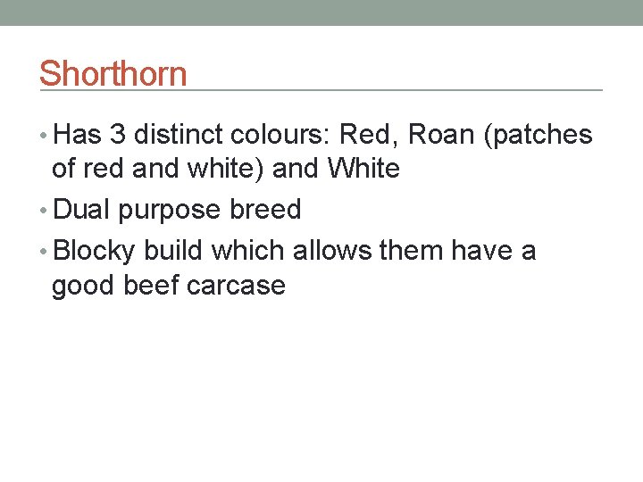 Shorthorn • Has 3 distinct colours: Red, Roan (patches of red and white) and