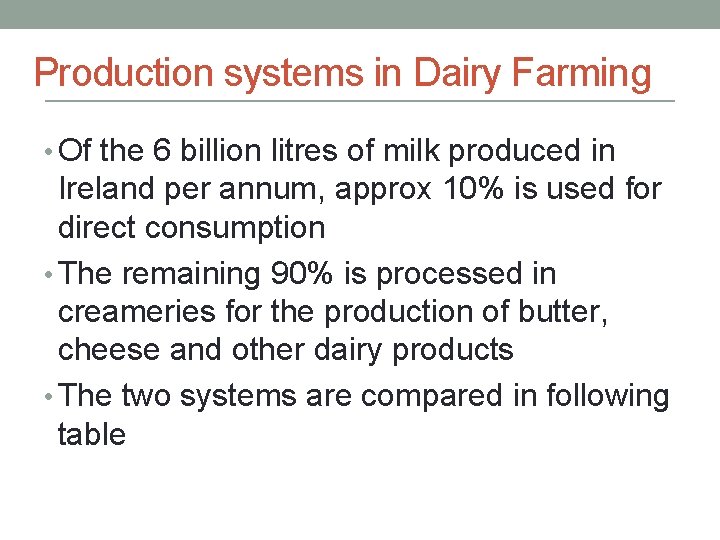 Production systems in Dairy Farming • Of the 6 billion litres of milk produced