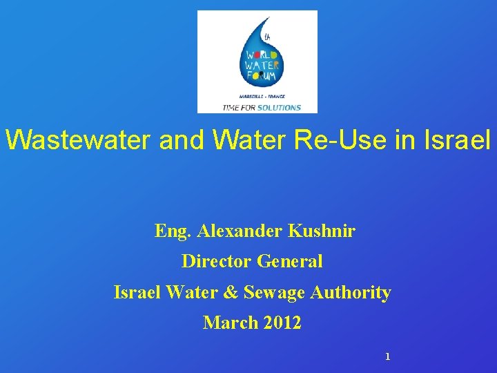 Wastewater and Water Re-Use in Israel Eng. Alexander Kushnir Director General Israel Water &