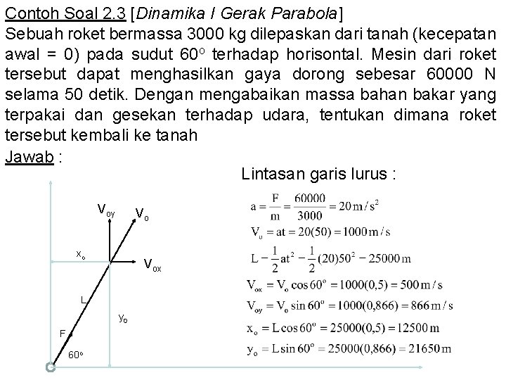 Contoh Soal 2. 3 [Dinamika I Gerak Parabola] Sebuah roket bermassa 3000 kg dilepaskan