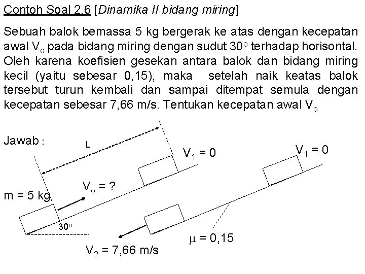 Contoh Soal 2. 6 [Dinamika II bidang miring] Sebuah balok bemassa 5 kg bergerak