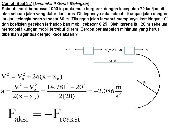 Contoh Soal 2. 7 [Dinamika II Gerak Melingkar] Sebuah mobil bermassa 1000 kg mula-mula