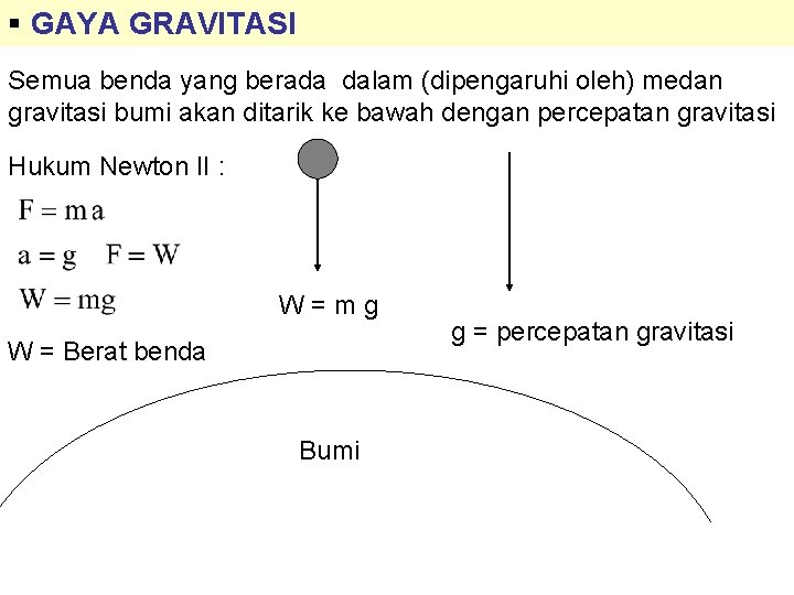 § GAYA GRAVITASI Semua benda yang berada dalam (dipengaruhi oleh) medan gravitasi bumi akan