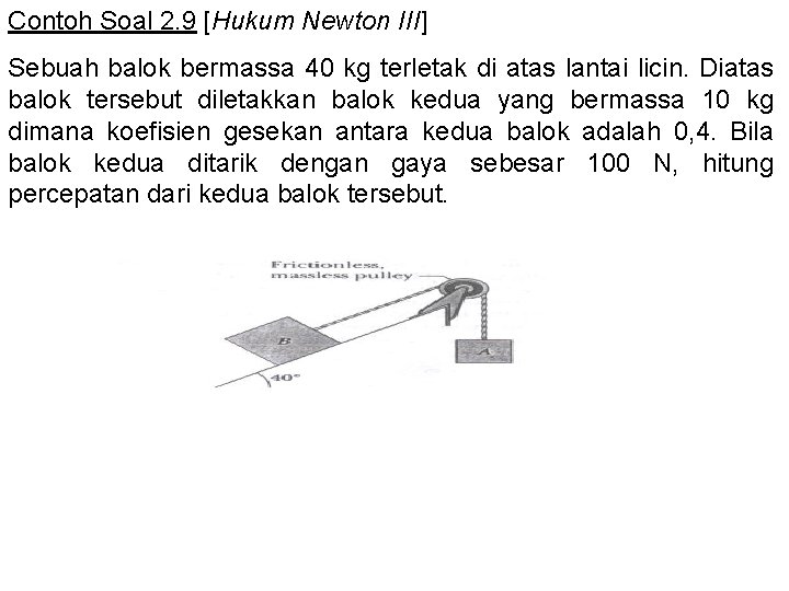 Contoh Soal 2. 9 [Hukum Newton III] Sebuah balok bermassa 40 kg terletak di