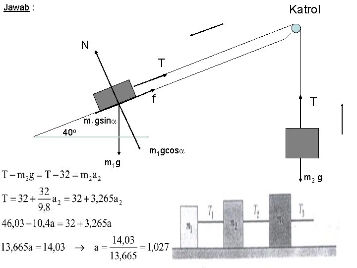 Jawab : Katrol N T f T m 1 gsin 40 o m 1