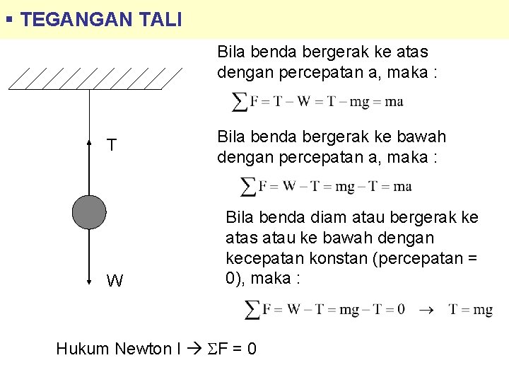 § TEGANGAN TALI Bila benda bergerak ke atas dengan percepatan a, maka : T