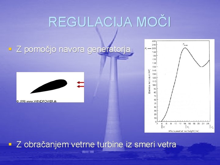 REGULACIJA MOČI § Z pomočjo navora generatorja § Z obračanjem vetrne turbine iz smeri