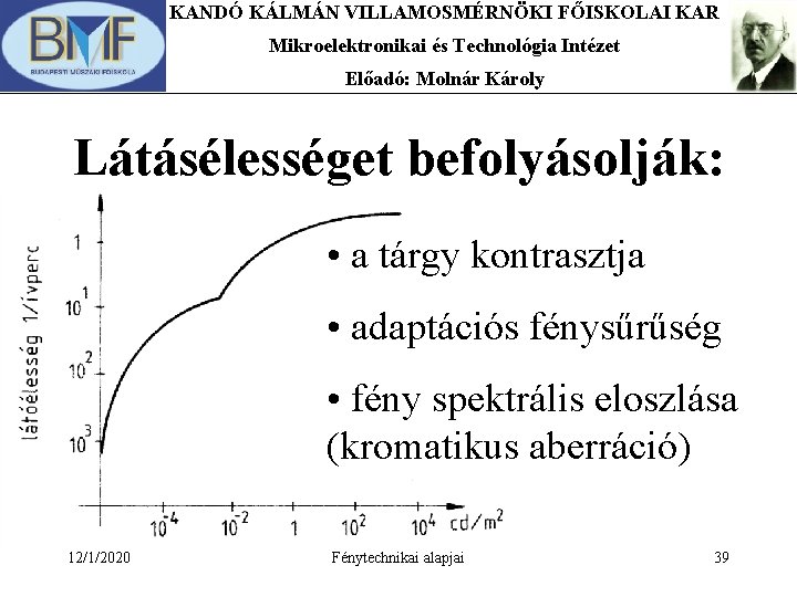 KANDÓ KÁLMÁN VILLAMOSMÉRNÖKI FŐISKOLAI KAR Mikroelektronikai és Technológia Intézet Előadó: Molnár Károly Látásélességet befolyásolják: