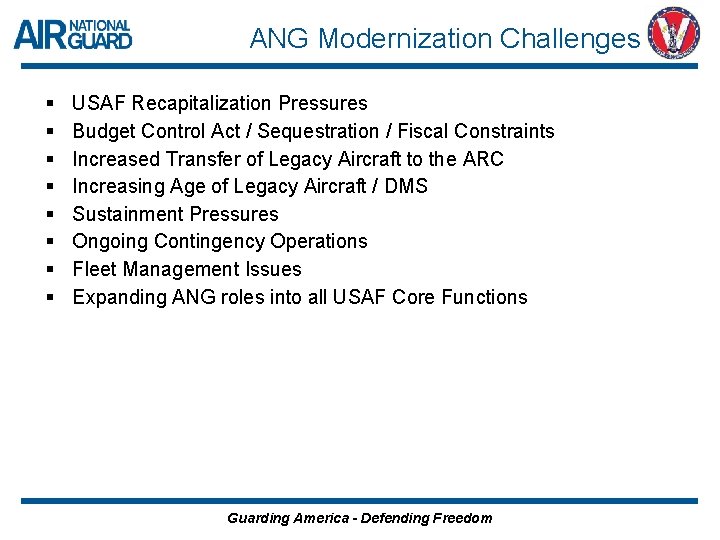 ANG Modernization Challenges § § § § USAF Recapitalization Pressures Budget Control Act /
