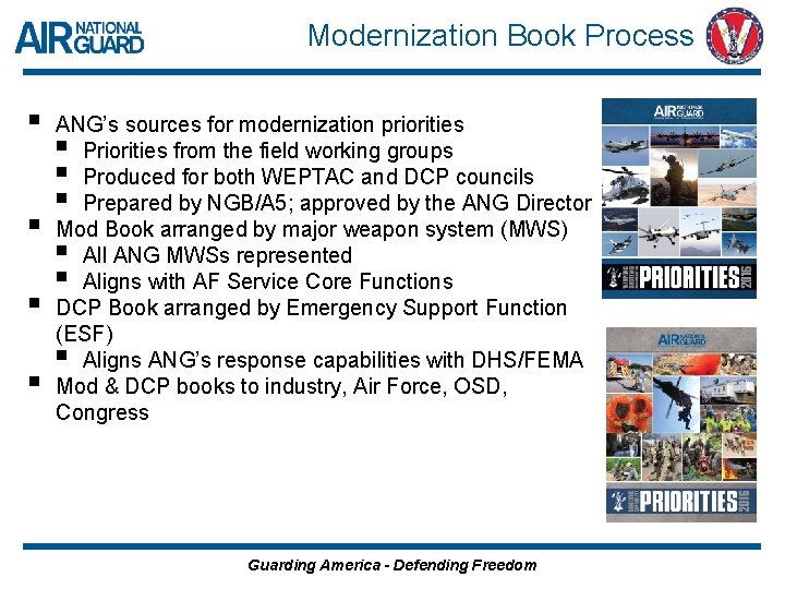 Modernization Book Process § § ANG’s sources for modernization priorities § Priorities from the