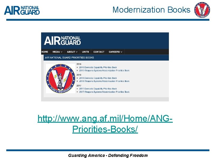 Modernization Books http: //www. ang. af. mil/Home/ANGPriorities-Books/ Guarding America - Defending Freedom 