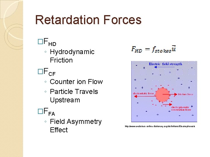 Retardation Forces �FHD ◦ Hydrodynamic Friction �FCF ◦ Counter ion Flow ◦ Particle Travels