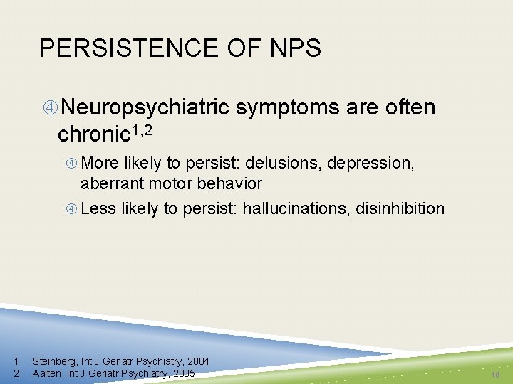 PERSISTENCE OF NPS Neuropsychiatric symptoms are often chronic 1, 2 More likely to persist: