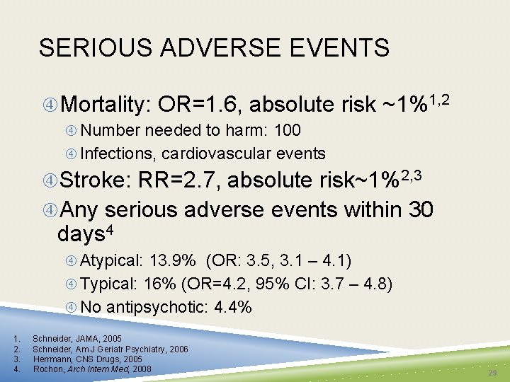 SERIOUS ADVERSE EVENTS Mortality: OR=1. 6, absolute risk ~1%1, 2 Number needed to harm: