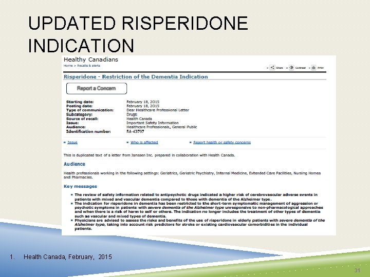 UPDATED RISPERIDONE INDICATION 1. Health Canada, February, 2015 31 