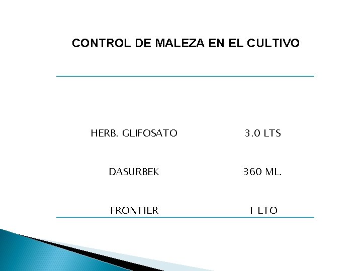 CONTROL DE MALEZA EN EL CULTIVO HERB. GLIFOSATO 3. 0 LTS DASURBEK 360 ML.