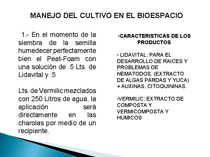 MANEJO DEL CULTIVO EN EL BIOESPACIO 1. - En el momento de la siembra