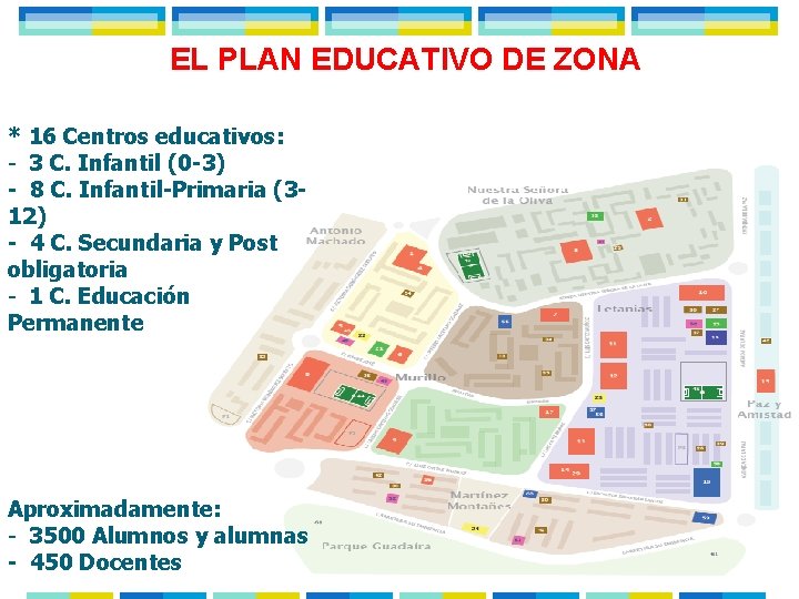 EL PLAN EDUCATIVO DE ZONA * 16 Centros educativos: - 3 C. Infantil (0