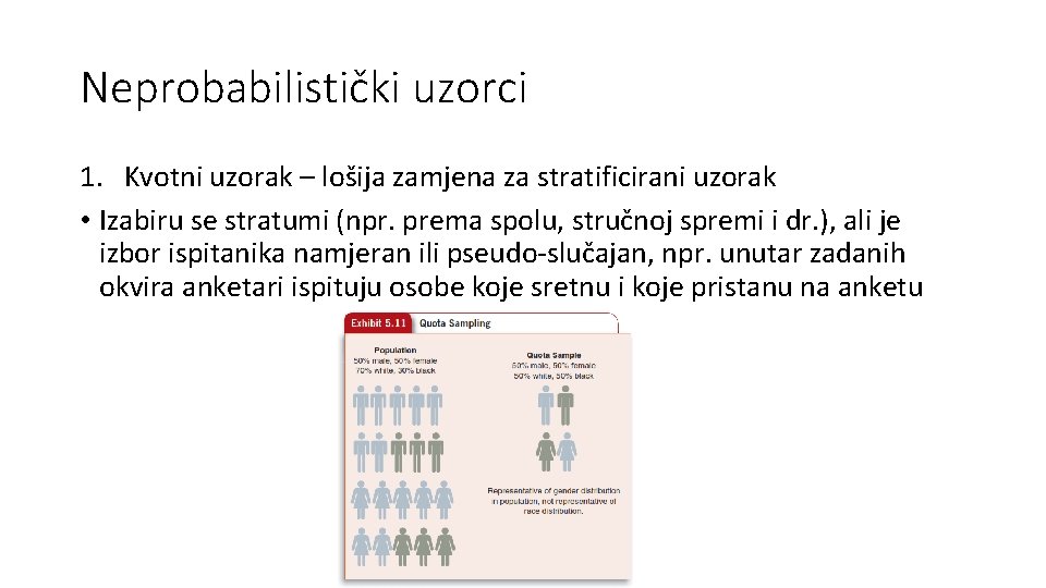 Neprobabilistički uzorci 1. Kvotni uzorak – lošija zamjena za stratificirani uzorak • Izabiru se