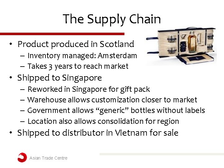 The Supply Chain • Product produced in Scotland – Inventory managed: Amsterdam – Takes The Supply Chain • Product produced in Scotland – Inventory managed: Amsterdam – Takes