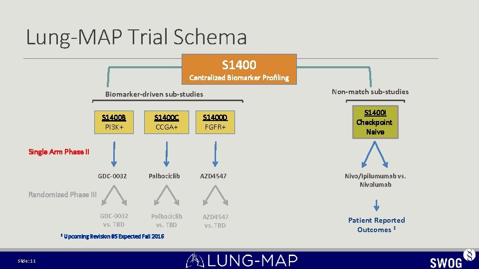 Lung-MAP Trial Schema S 1400 Centralized Biomarker Profiling Biomarker-driven sub-studies Non-match sub-studies S 1400 Lung-MAP Trial Schema S 1400 Centralized Biomarker Profiling Biomarker-driven sub-studies Non-match sub-studies S 1400