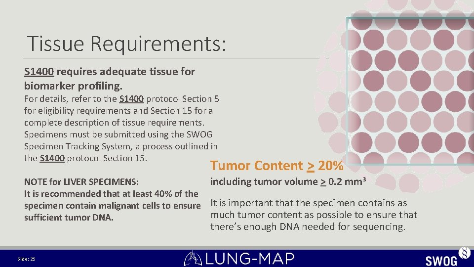 Tissue Requirements: S 1400 requires adequate tissue for biomarker profiling. For details, refer to Tissue Requirements: S 1400 requires adequate tissue for biomarker profiling. For details, refer to