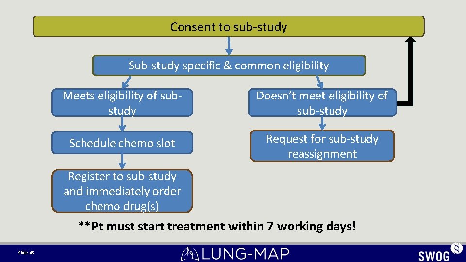 Consent to sub-study Sub-study specific & common eligibility Meets eligibility of substudy Doesn’t meet Consent to sub-study Sub-study specific & common eligibility Meets eligibility of substudy Doesn’t meet