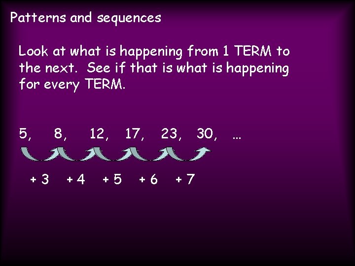 Patterns and sequences Look at what is happening from 1 TERM to the next.