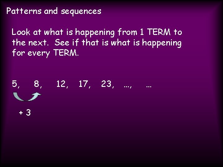 Patterns and sequences Look at what is happening from 1 TERM to the next.