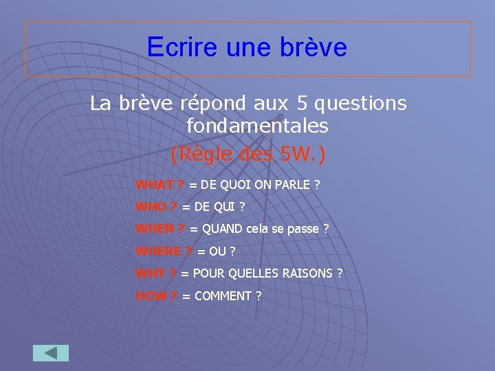 Ecrire une brève La brève répond aux 5 questions fondamentales (Règle des 5 W.