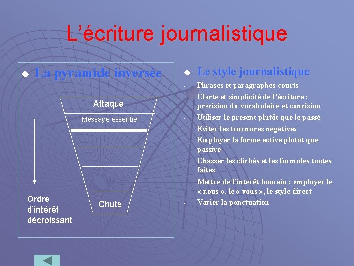 L’écriture journalistique u La pyramide inversée u - Attaque Message essentiel - - Ordre