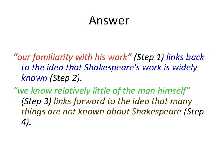 Answer “our familiarity with his work” (Step 1) links back to the idea that