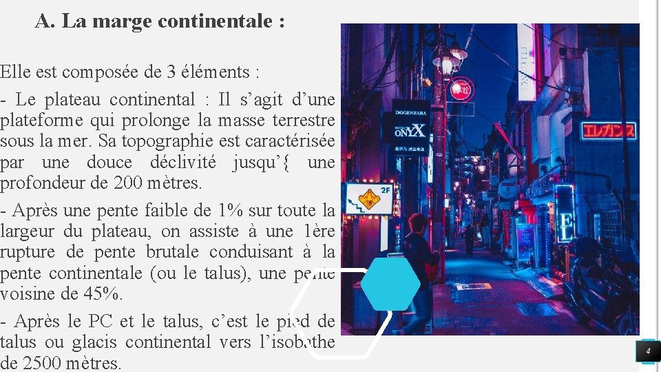 A. La marge continentale : Elle est composée de 3 éléments : - Le