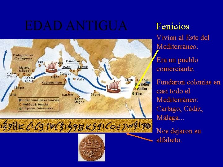 EDAD ANTIGUA Fenicios Vivían al Este del Mediterráneo. Era un pueblo comerciante. Fundaron colonias