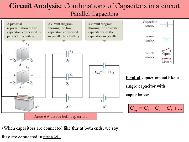 Circuit Analysis: Combinations of Capacitors in a circuit Parallel Capacitors Parallel capacitors act like Circuit Analysis: Combinations of Capacitors in a circuit Parallel Capacitors Parallel capacitors act like