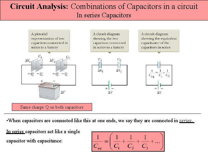 Circuit Analysis: Combinations of Capacitors in a circuit In series Capacitors Same charge Q Circuit Analysis: Combinations of Capacitors in a circuit In series Capacitors Same charge Q