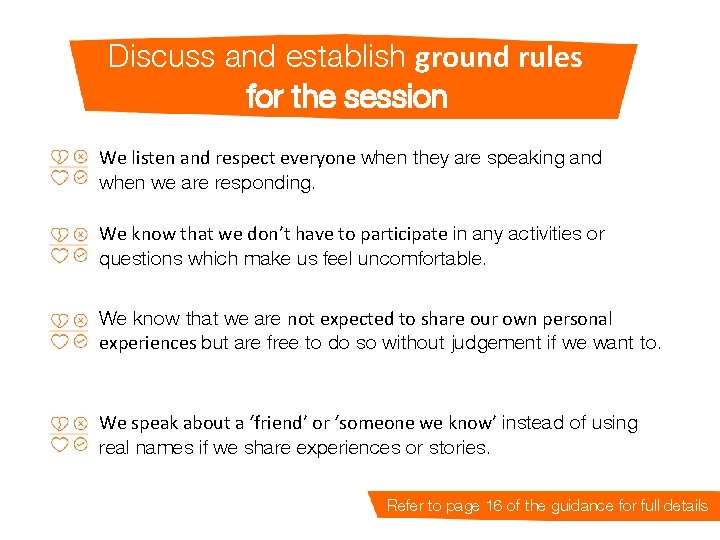 Discuss and establish ground rules for the session We listen and respect everyone when